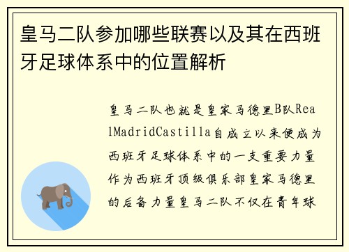 皇马二队参加哪些联赛以及其在西班牙足球体系中的位置解析
